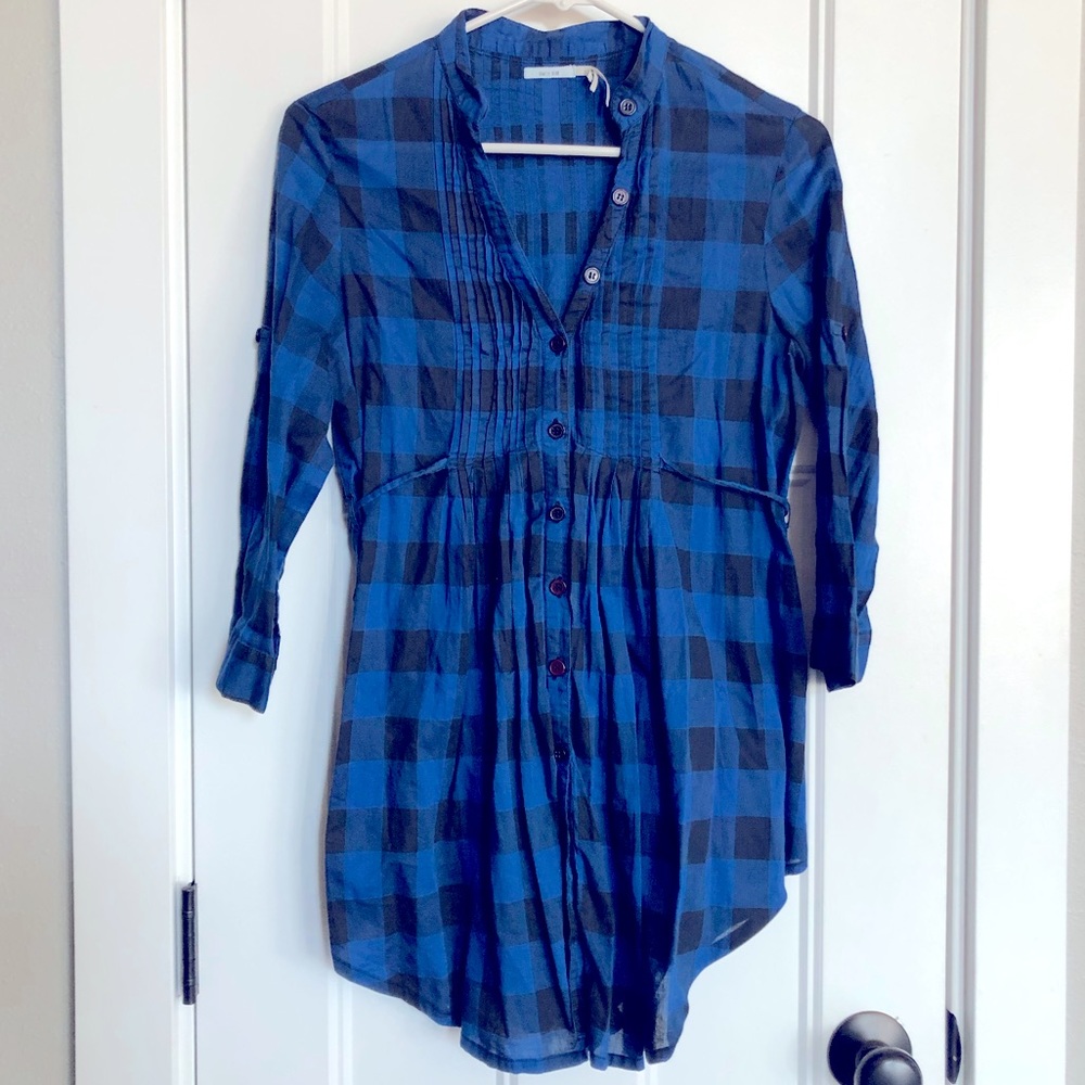 Anthro. (Kimchi Blue) Blue/Black Tie Plaid Tunic Top Dress - SMALL